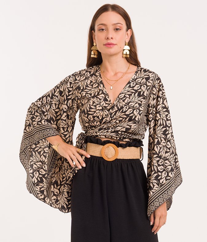 Top / Chemisier Blanc Motifs Noirs - Taille L - Occasion Excellent état - Sans Manches